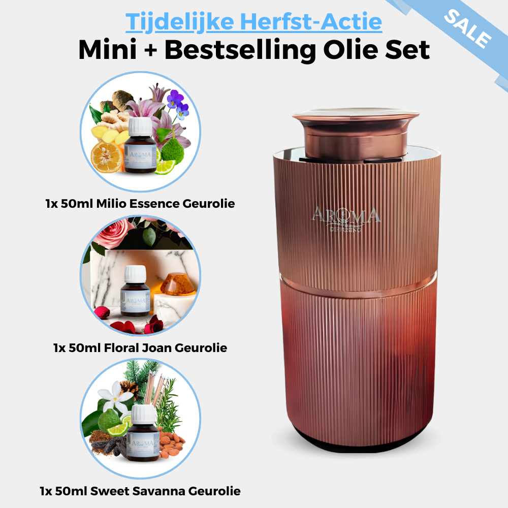 AromaDiffusing Aroma Diffuser Mini rose goud aanbieding actie bundel geurolie set