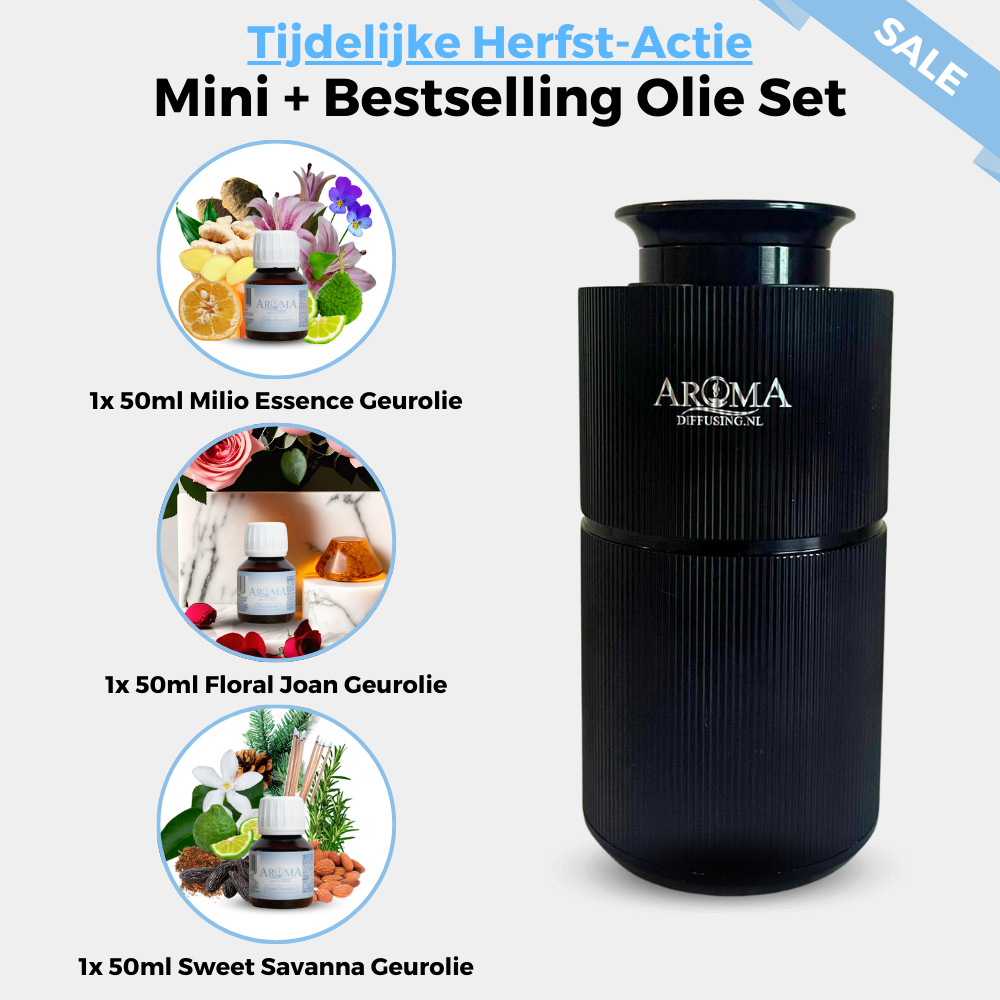 AromaDiffusing Aroma Diffuser Mini zwart aanbieding actie bundel geurolie set